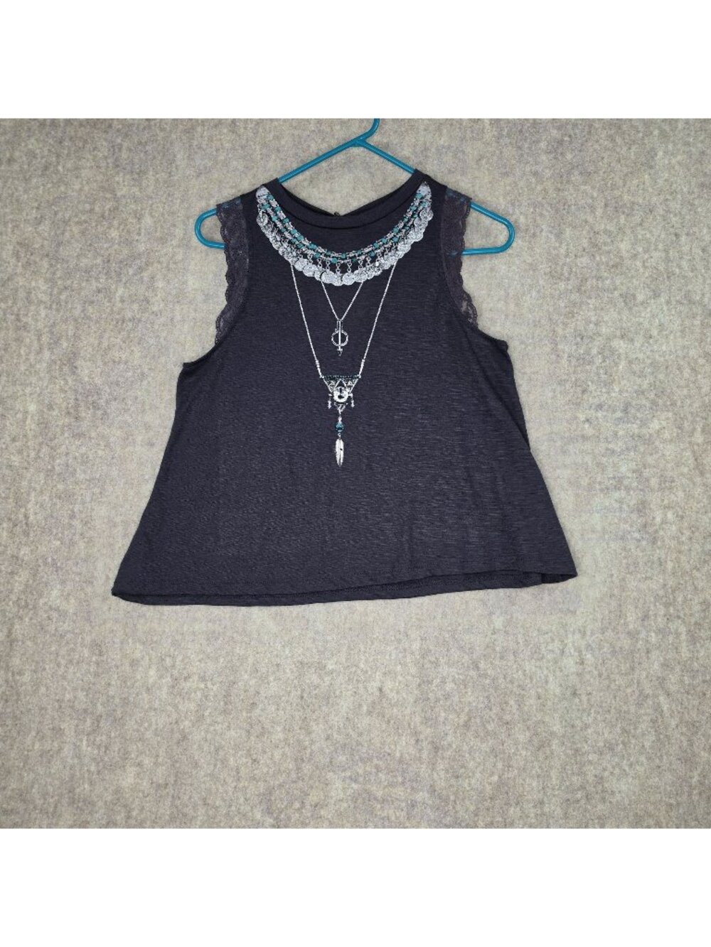 Taylor & Sage Womens Sleeveles's Black Lace Trim Tank Top L Boho Graphic